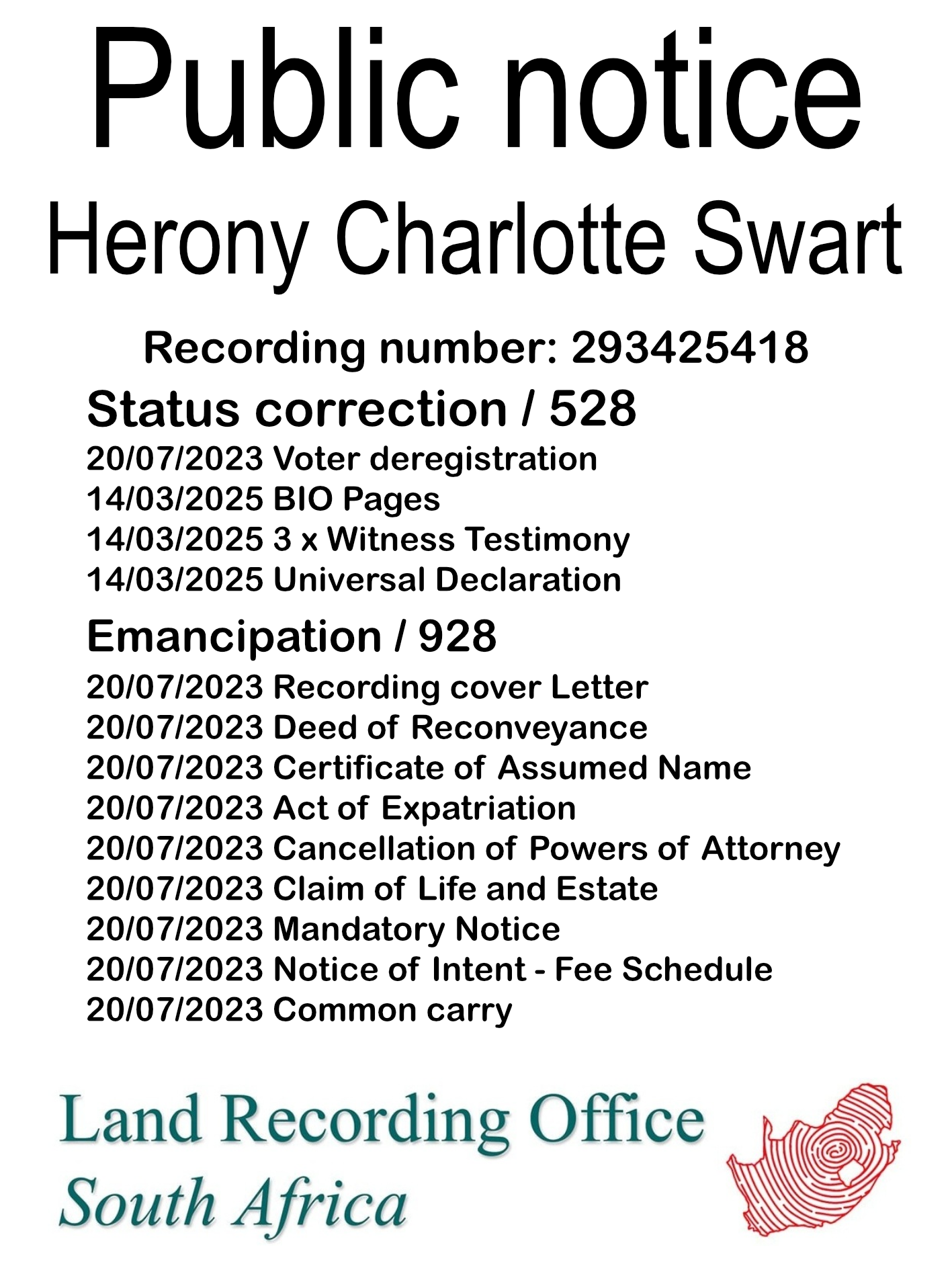 Public Notice Herony Charlotte Swart (c) Recording number 293425418